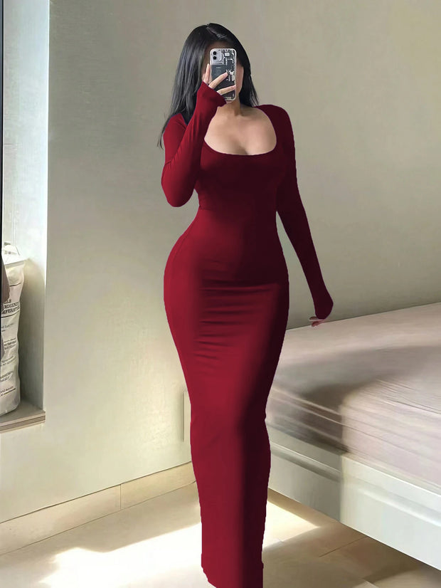 Basic Minimalist Causual Fashion Scoop Neck Long Dress, Womenswear