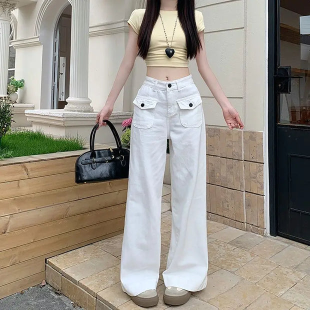 Loose Pocket Wide Leg Denim Floor Pants Y2K High Waisted Straight Trousers