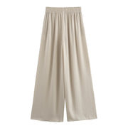 Solid Color Folded Chic Female Elastic High Waist Wide Leg Trousers