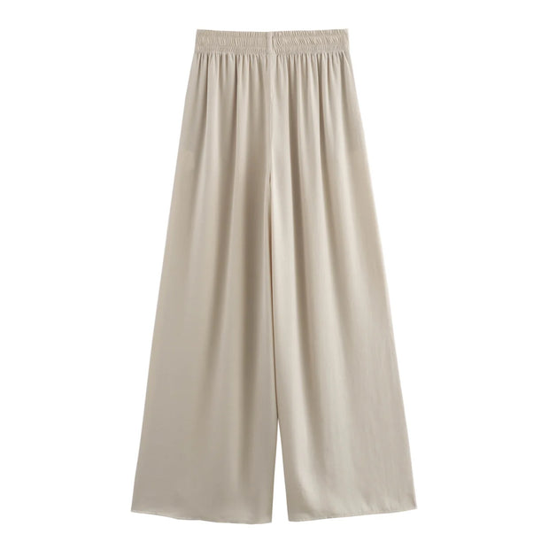 Solid Color Folded Chic Female Elastic High Waist Wide Leg Trousers