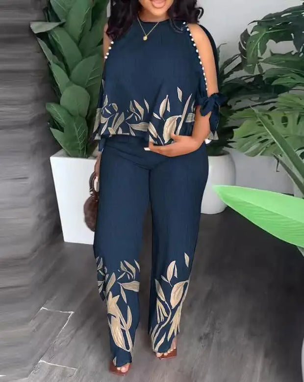 Two Piece Sets Neck Hollow Sleeves Top & Wide Leg Trousers Suit