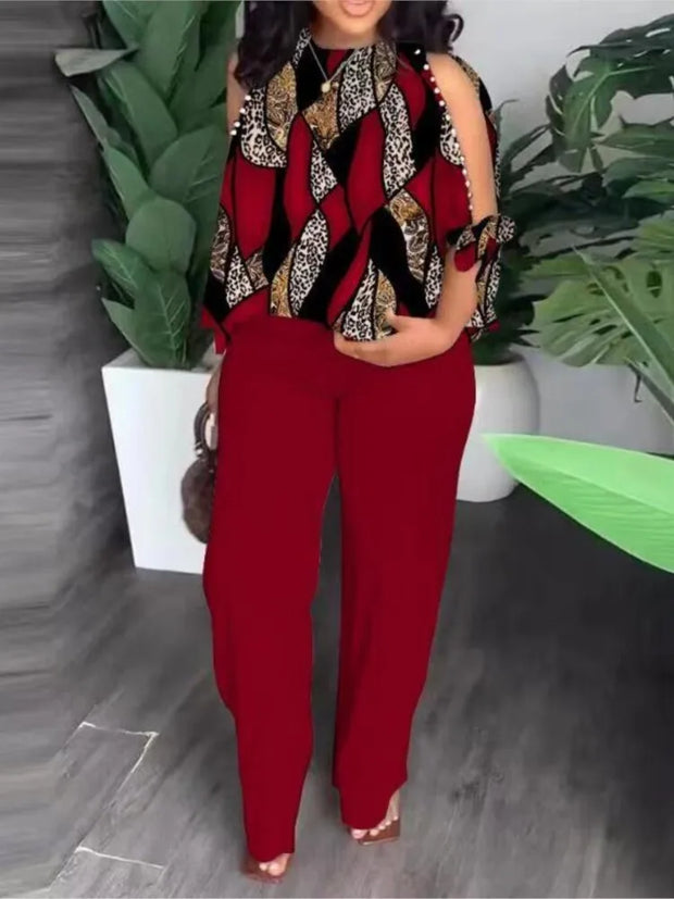 Two Piece Sets Neck Hollow Sleeves Top & Wide Leg Trousers Suit