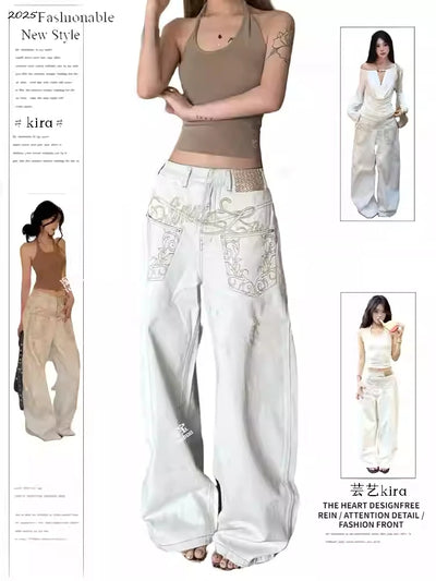 Women Embroidery Baggy Jean Japanese Y2K Streetwear Harajuku Denim Pants Hip-pop 2000s Wide Leg High Street Cyber Punk Tomboy