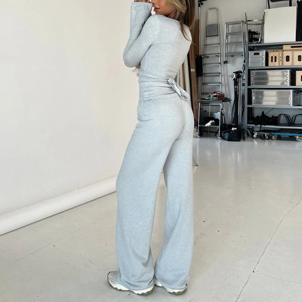 2 Piece Outfit V Neck Tie T-shirt + Elastic Waist Pants Autumn Long Sleeve Crop Tops