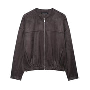 Women's faux leather suede effect jacket with zipper closure and crew neck, spring and autumn outerwear, vintage moto biker style