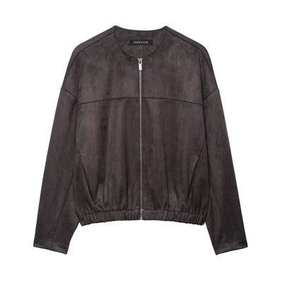 Women's faux leather suede effect jacket with zipper closure and crew neck, spring and autumn outerwear, vintage moto biker style