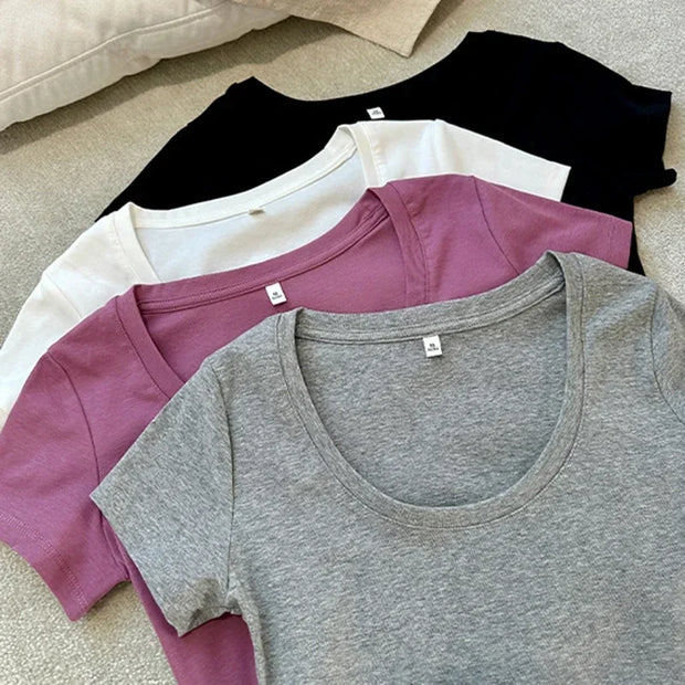 Set of women's short sleeve slim fit O-neck tshirts in black, white, purple, and gray colors