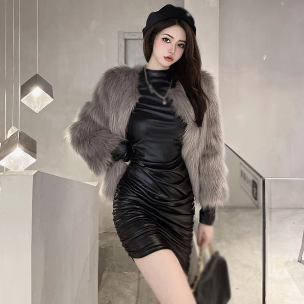 Solid Color Slim Fashion Sexy Versatile PU Leather Long Sleeves Dress