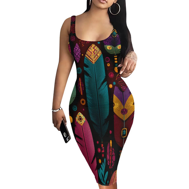 Neck Geometric Ethnic Print Fitted Party Cocktail Club Night Out Dress