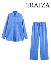 Long Sleeve Single-breasted Slim Shirt+High Waist Drawstring Loose Long Pants