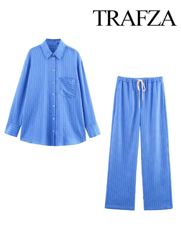 Long Sleeve Single-breasted Slim Shirt+High Waist Drawstring Loose Long Pants