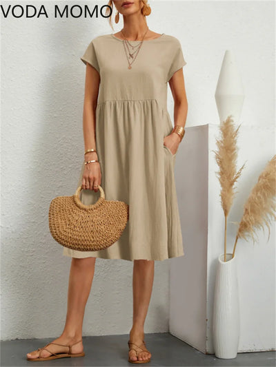 Summer A-line short sleeve boho midi dresses woman robe femme ladies