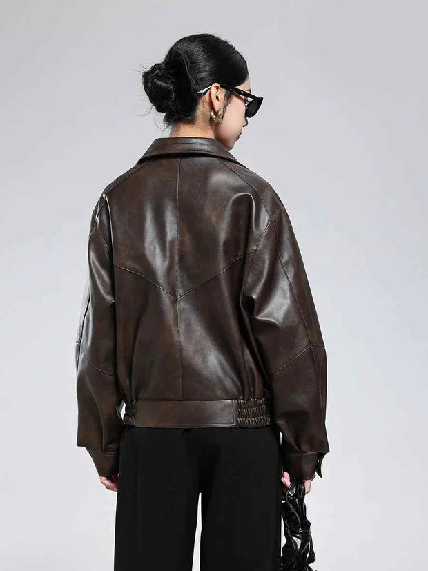 Hard Distressed Brown Pu Leather Jacket Women Zipper Retro Clothes