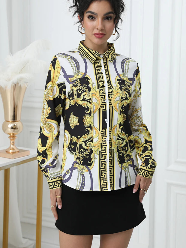 Blouses Fashion printed Long Sleeve Button-Down