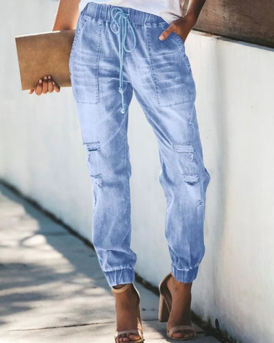 Latest Fashion Commuting Style Drawstring Ripped Pocket Daily Versatile Jeans
