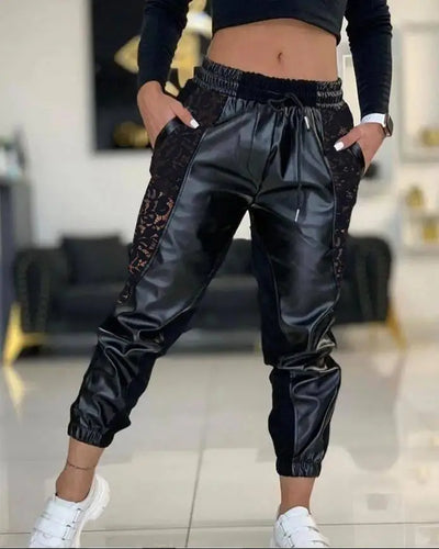 Solid Color Contrast PU Lace Insert Pocket Drawstring High Waist Cuffed Pants