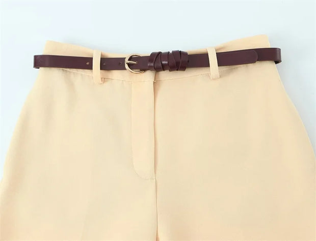 Yellow wide-leg trousers with belt decoration Casual commuting Stylish