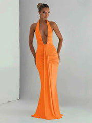 woman wearing classic solid orange low neck backless sheath long dress with ribbons