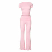 Pink crop top and low rise flare leggings yoga pants set for women activewear