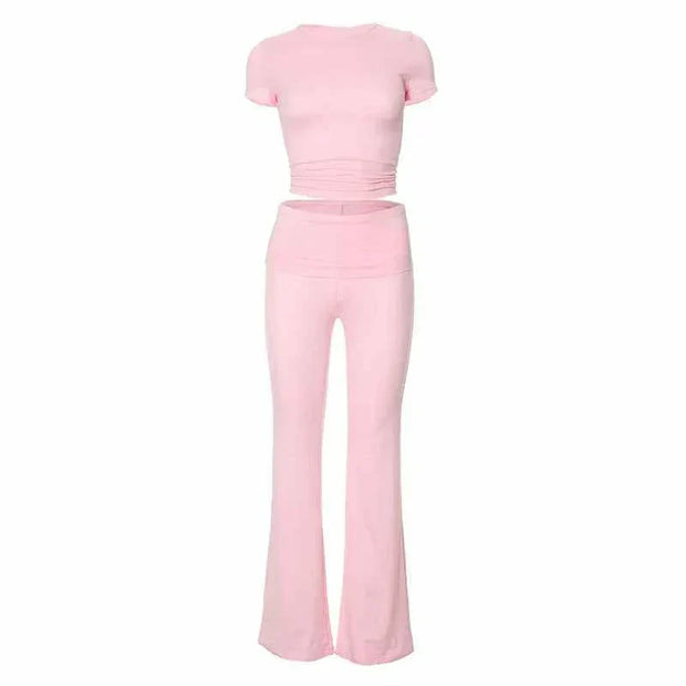 Pink crop top and low rise flare leggings yoga pants set for women activewear