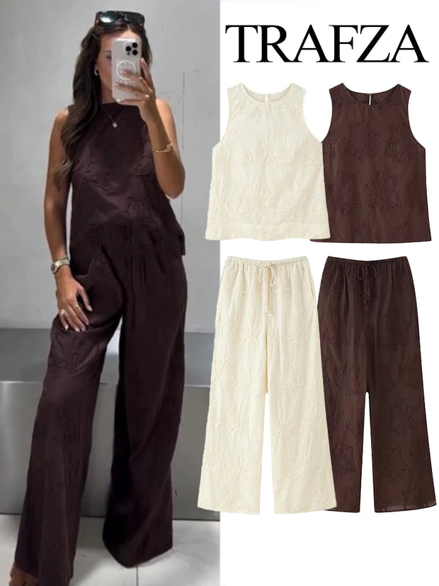 Neck Sleeveless Slim Top+Elastic Waist Drawstring Loose Long Pants