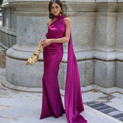 Purple halter dress sleeveless backless slim fit floor-length maxi gown for women