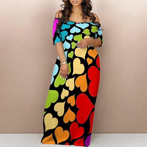 Printed Short Sleeve Long Dress Sexy Off Shoulder Cocktail Party Dress ﻿