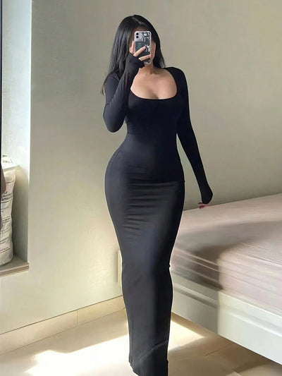 Women's solid black long sleeve bodycon ankle-length dress with square neckline and slim fit