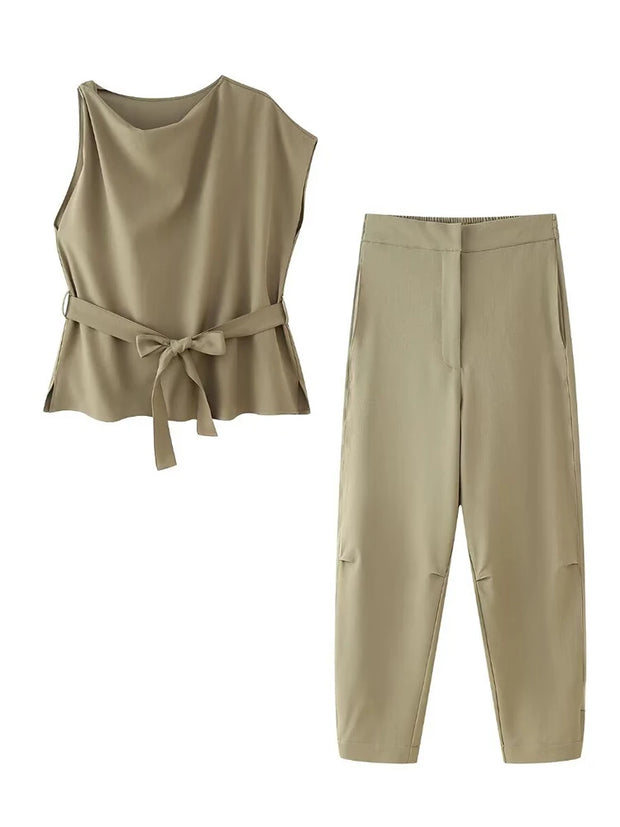 Round Neck Top Pajama Style Mid Waist Trousers Womenswear