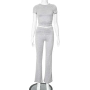 Gray crop top and low rise flare leggings yoga pants set for women activewear
