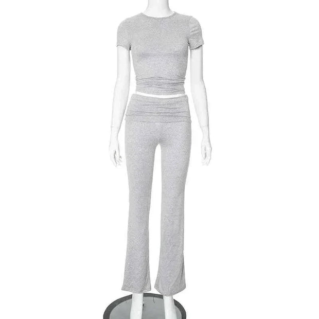 Gray crop top and low rise flare leggings yoga pants set for women activewear
