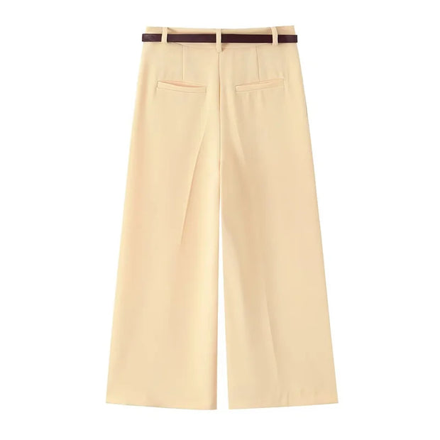 Yellow wide-leg trousers with belt decoration Casual commuting Stylish