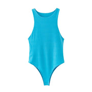 Blue slim fit women's sleeveless bodysuit with high stretch polyester and cotton blend fabric