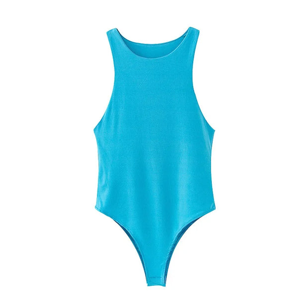 Blue slim fit women's sleeveless bodysuit with high stretch polyester and cotton blend fabric