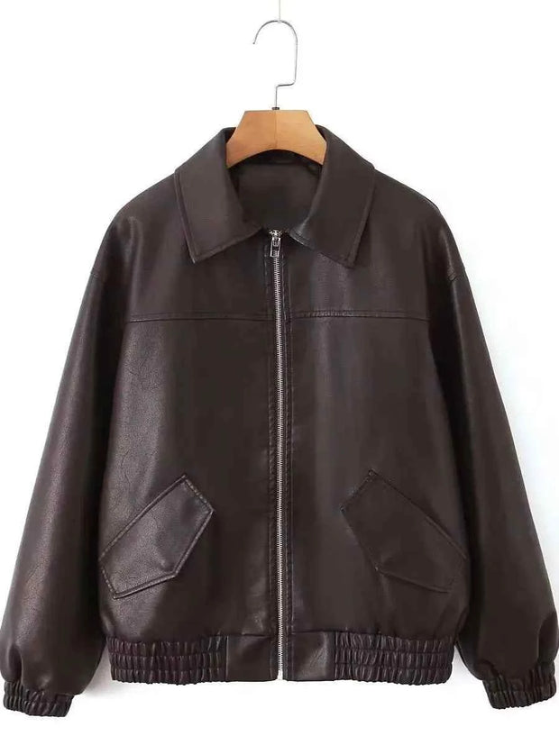 Black PU Faux Leather Jacket Spring Autumn Lady Vintage Zipper Coat