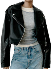 Casual Lady Lapel Zipper Short Leather Jacket High Street Motorcycle Coat