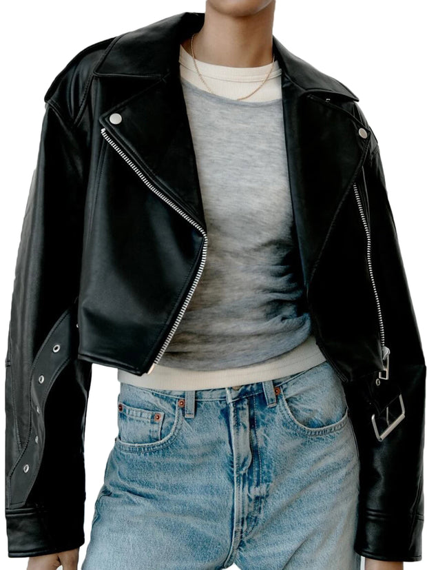 Casual Lady Lapel Zipper Short Leather Jacket High Street Motorcycle Coat