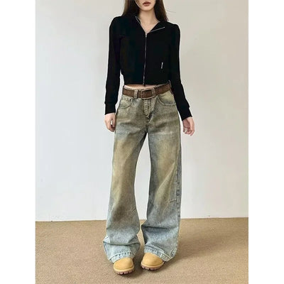 Vintage Streetwear Washed Denim Pants Basic Slouchy Blue Trousers Femme