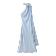 Women's sexy backless off-shoulder sleeveless light blue knee-length dress