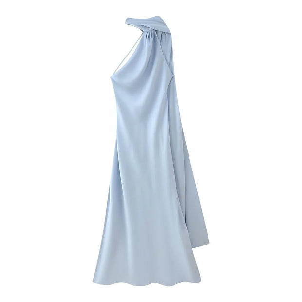 Women's sexy backless off-shoulder sleeveless light blue knee-length dress