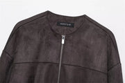 Suede Effect Jacket Spring and Autumn Crew Neck Street Vintage Women's Top