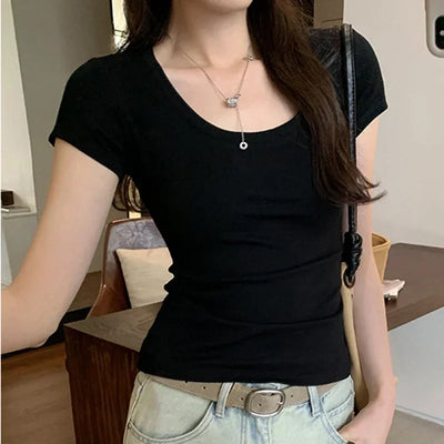 Slim fit black women short sleeve O-neck t-shirt made of cotton and spandex for casual summer wear