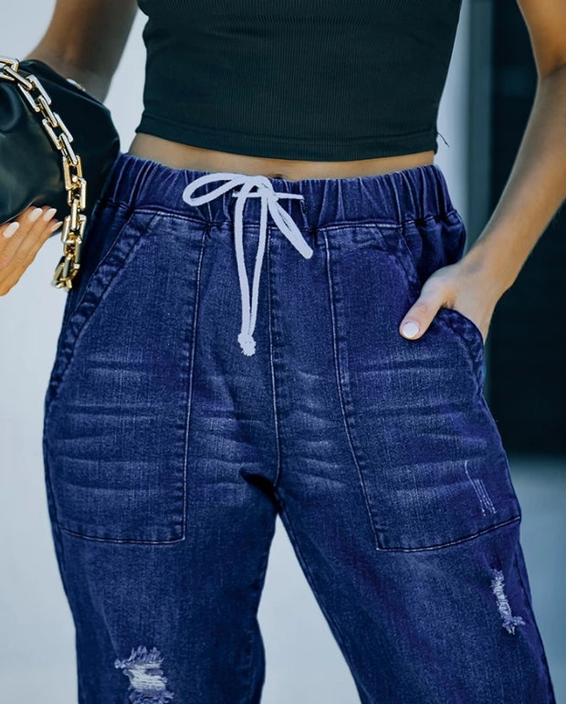 Latest Fashion Commuting Style Drawstring Ripped Pocket Daily Versatile Jeans