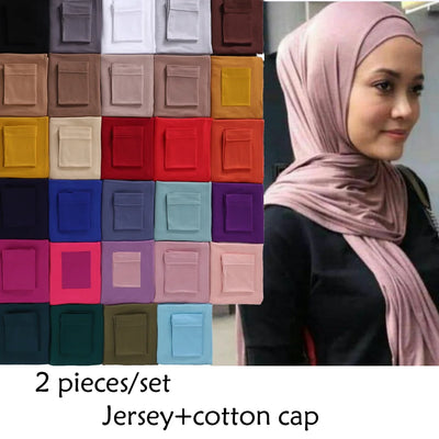 Two Pieces Muslim Hijab Set Matching Color Jersey Hijab With underscarf Shawls