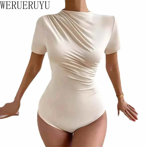 Slim fit white one-piece clothes with short sleeves and shirring detail for women summer streetwear