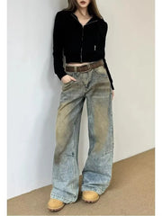 Vintage Streetwear Washed Denim Pants Basic Slouchy Blue Trousers Femme