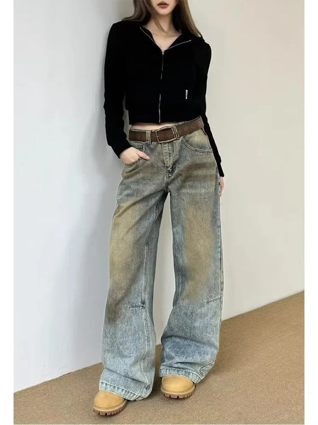 Vintage Streetwear Washed Denim Pants Basic Slouchy Blue Trousers Femme
