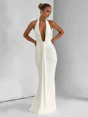 women's classic solid low neck backless sheath long white dress with ribbon details