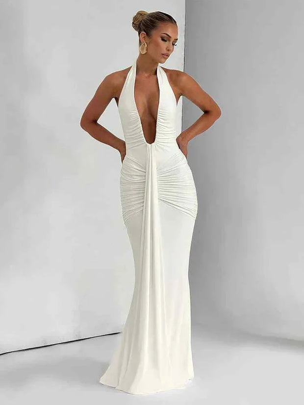 women's classic solid low neck backless sheath long white dress with ribbon details