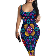 Neck Geometric Ethnic Print Fitted Party Cocktail Club Night Out Dress
